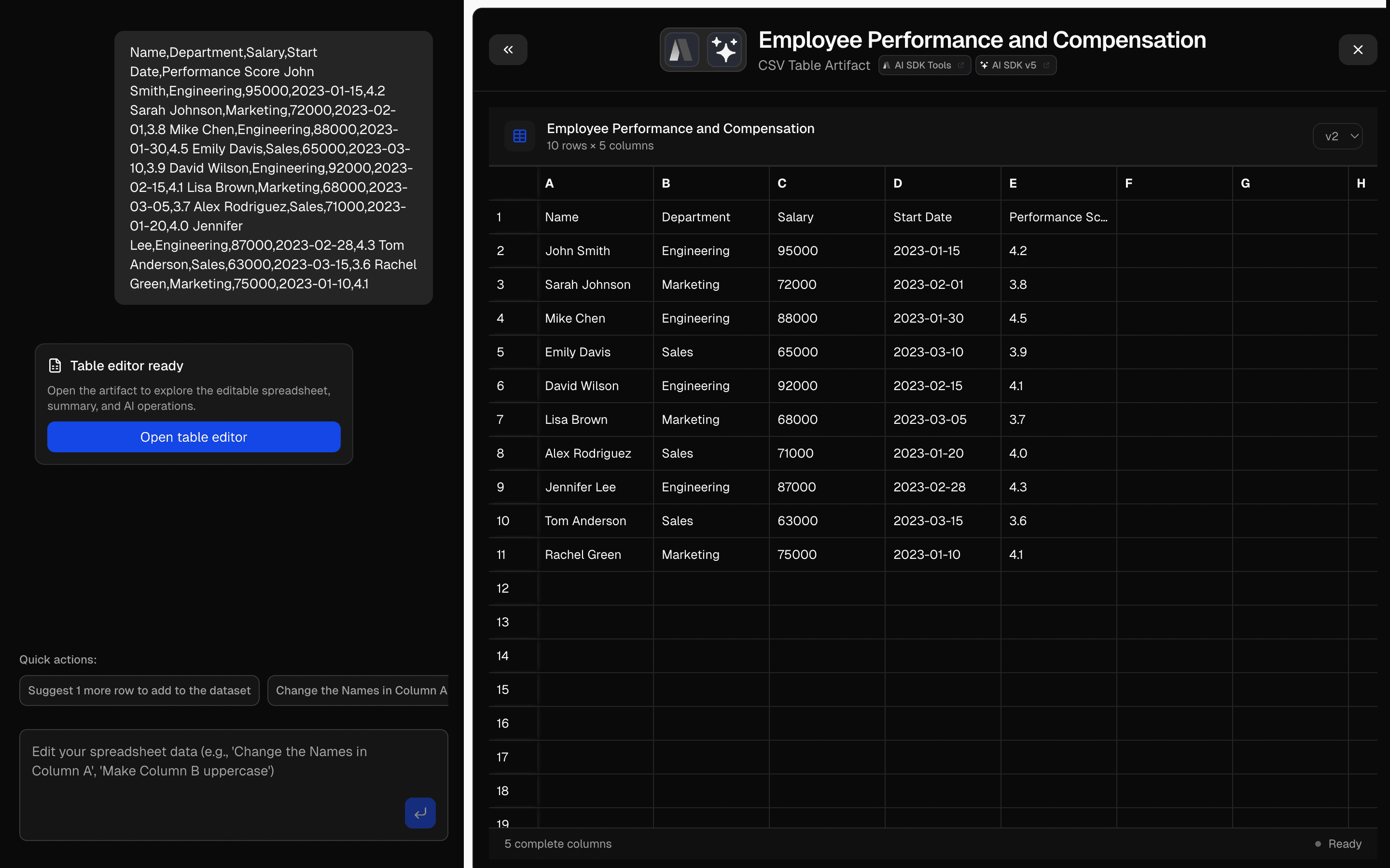 CSV Editor Artifact preview