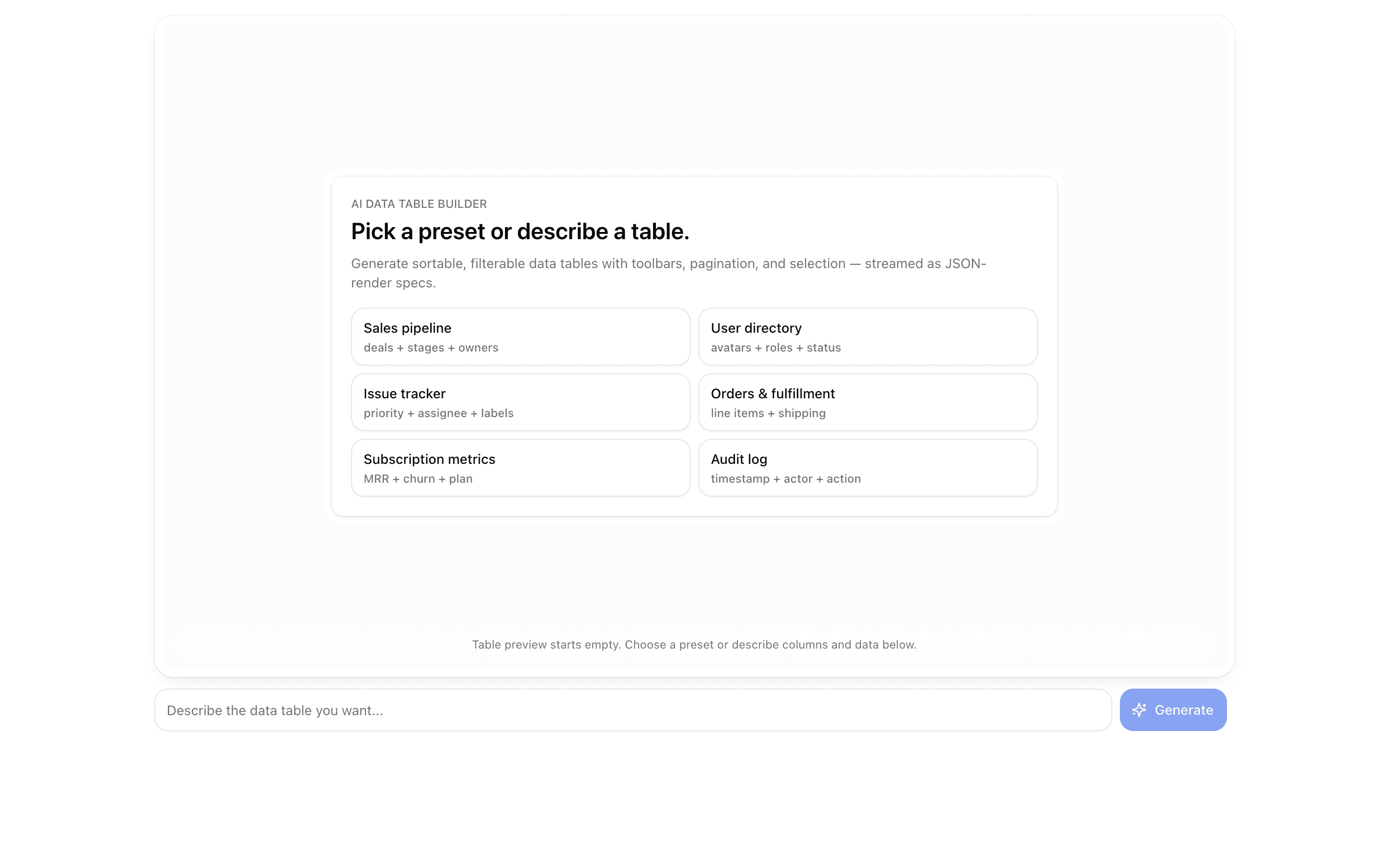 JSON Render Data Table preview