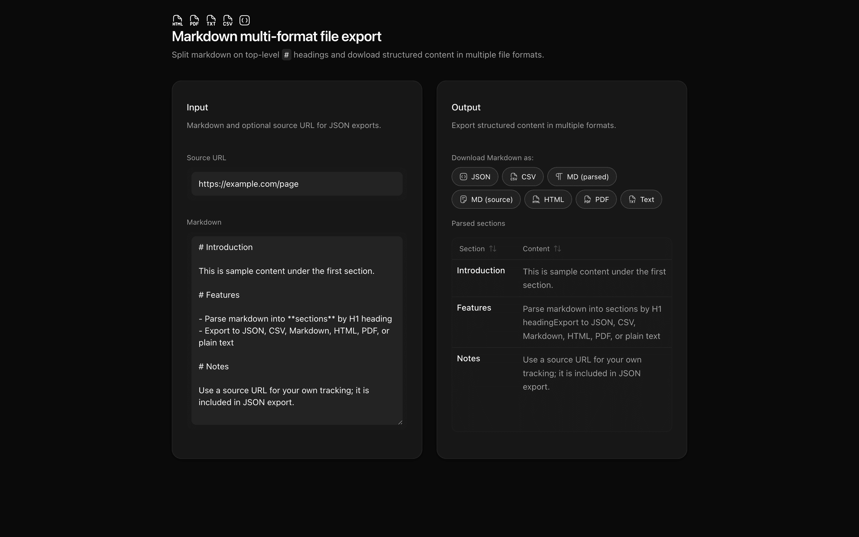 Markdown multi-format file export preview